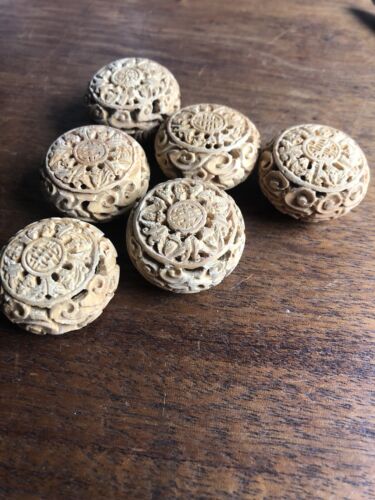 1 Old Stock Vintage Flower Round Hand Carved Wood//nut Large Double Sided Bead
