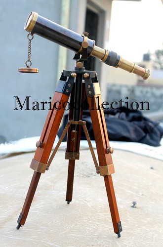 Antique Vintage Brass Telescope With Wooden Tripod Pirate Spyglass Nautical Gift