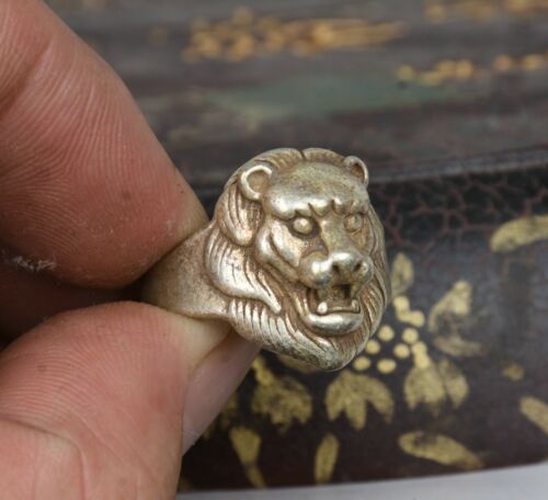 Old Chinese Miao Silver Lion Head Beast Jewellery Hand Ring 2.8CM