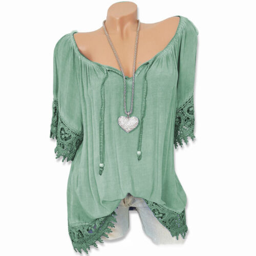 Plus Size Womens V Neck Summer Loose Crochet Lace Up T-Shirt Beach Blouse Tops