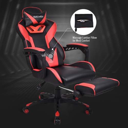 Computer Gaming Chair Bucket Swivel Adjustable Recliner Office Seat Footrest Red