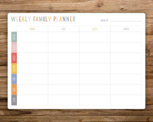 A3 Personalised Multi Coloured  Dry Wipe Whiteboard Weekly Family Planner Board 