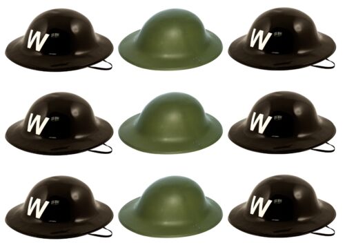 WW2 DADS ARMY SOLDIER GREEN OR BLACK AIR RAID WARDEN HELMETS HATS LOT 