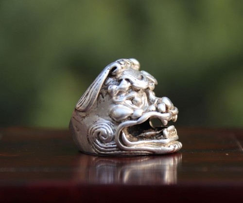Chinese Miao Jewelry Silver Handwork Flexible Caliber Foo Dog Lion Finger Ring