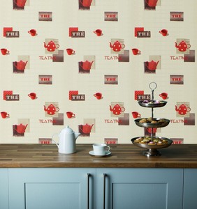 Red Teapots & Cups on a Cream Background, Washable Kitchen ...