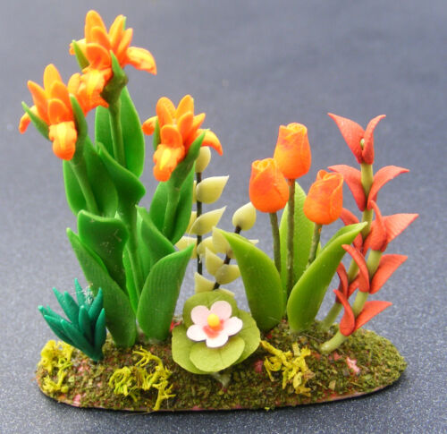 1:12 Maßstab Tulpen & Iris IN Blumenbeet Tumdee Puppenhaus Miniatur Garten 