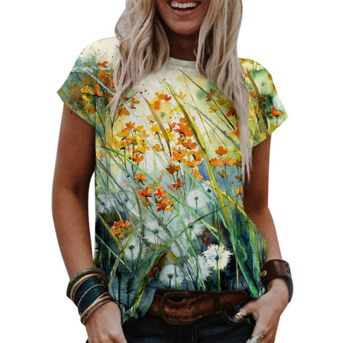 UK Womens Summer Boho Floral T-shirt Ladies Short Sleeve Tops Casual Blouse Tee
