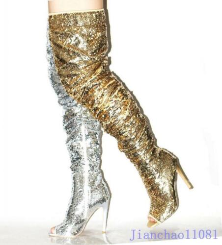 Sequins Women/'s Over Knee Boots Thigh High Slouchy Open Toe Stiletto Performance