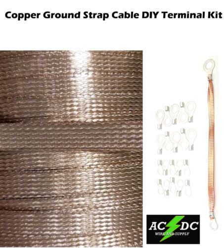 15' Copper Ground Strap Cable KIT DIY Terminal Kit 3/8"  FLAT Braid Wire 