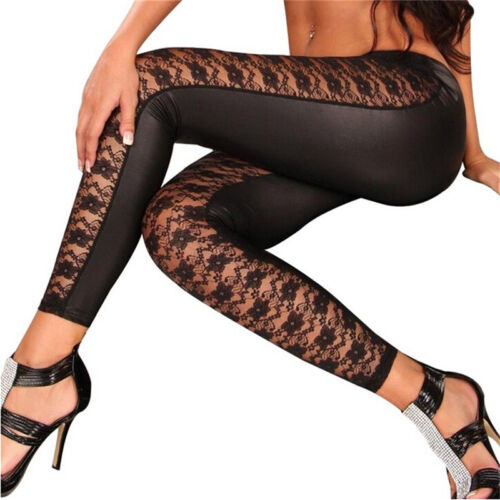 Womens Black Rose Vine Sheer Stretchy Floral Lace Leggings Tight Pencil Pants RS 