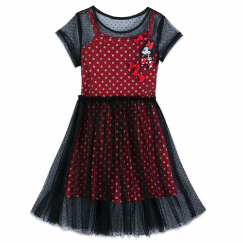 Disney Store Minnie Mouse Girl's Black Mesh Fancy Party Dress Red Bows Ruffles