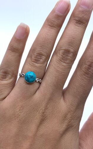 925 Stamped Sterling Silver Ladies Turquoise Designer Ring Round Gemstone Gift