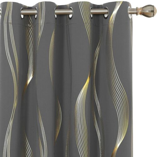 Deconovo Black Blackout Curtains Thermal Insulated Wave Striped Foil Golden Prin