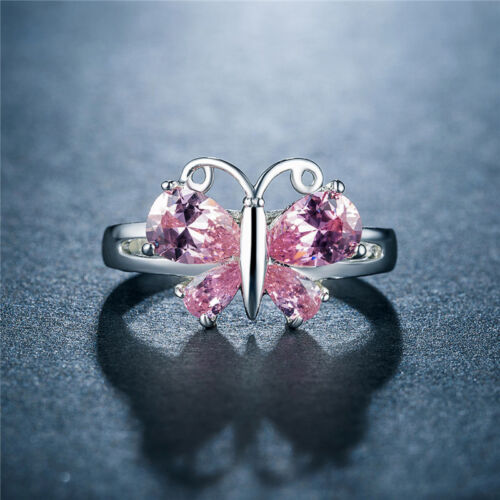 Gorgeous Butterfly Women Wedding Ring 925 Silver Pink Sapphire Ring Size 6-10 