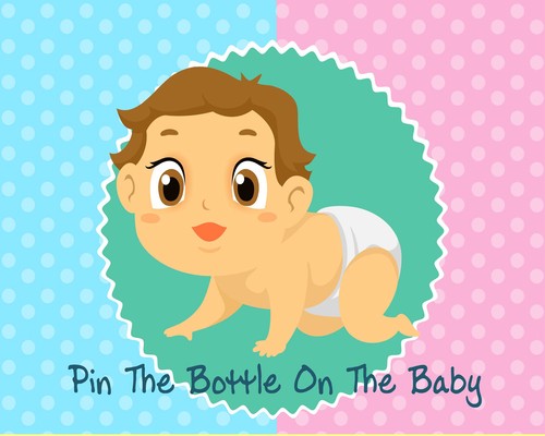 Fun Baby Shower Party Game PIN THE BOTTLE ON THE BABY Fun Blindfold Favor Poster