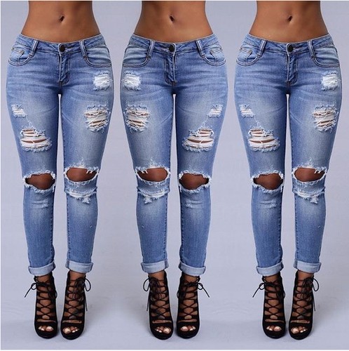 Women Ripped Jeans Denim Pencil Pants Ladies Casual High Waist Skinny Trousers