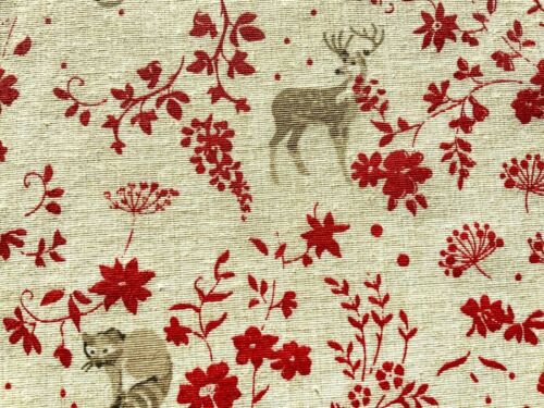 Red Scandi Forest Scene Deer Fox Rabbit Fabric Cotton Canvas Upholstery Fabric