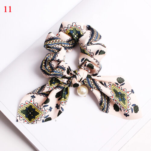 Vintage Floral Print Bow Hair Scrunchies With Pearl Ponytail Hair Rope Hair Ties 