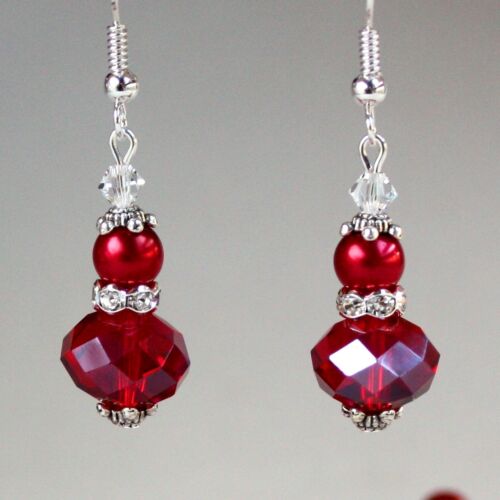 Dark red pearls crystals vintage silver drop dangle wedding bridesmaid earrings