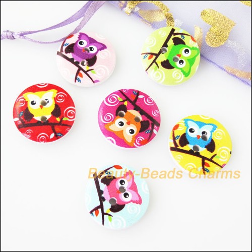 15Pcs Mixed Wooden Round Owl Birds Buttons Fit Scrapbooking Sewing 20mm