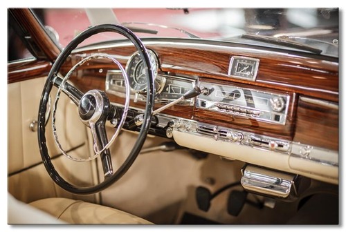 Leinwand Bild Daimler Mercedes-Benz Oldtimer Design Cockpit Holz Stern Uhr Radio