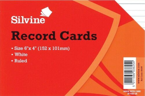 Silvine 6" X 4" Ruled Record Cards 100 Lined White Card Sheets Ref:564W 