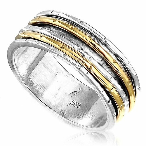 Spinner Solid 925 Silver Ring Large Bande 2 teintes Doré Femme Homme