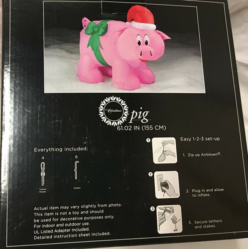 5Ft Pink Santa Pig w// Bow Lighted Airblown Inflatable Christmas Holiday Balloon