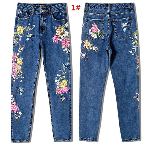UK Vintage Womens Flower 3D Embroidery Ladies Denim Pants Trousers Jeans 6-16
