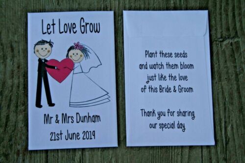 10 PERSONALISED SEED PACKETS WEDDING DAY FAVOURS VINTAGE DECORATIONS BRIDE GROOM 