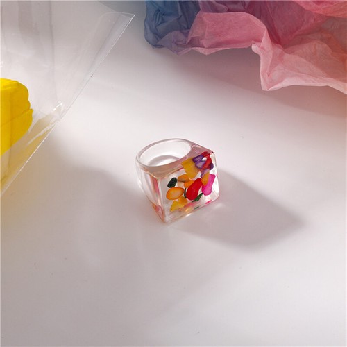 Women Acrylic Ring Cute Fruit Ring Vintage Resin Ring Square Finger Ring Gifts