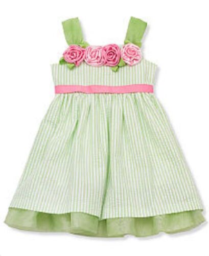 Rare Editions Green Striped Seersucker Floral Dress with Tiered Hem
