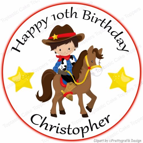 Personalised Cowboy Wild West Edible Icing Round Birthday Party Cake Topper 