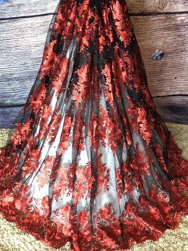 Beaded and Pearls Embroidered Red Roses On Black Lace Fabric BTY
