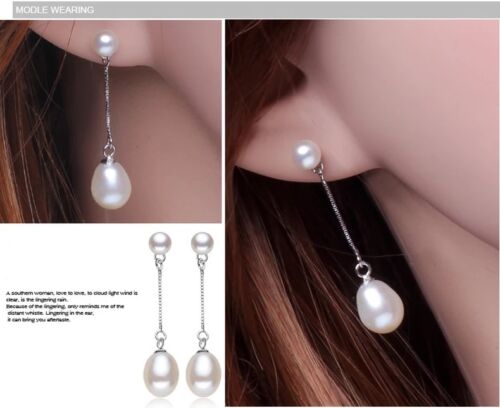 Dangling Drop Silver 925 Earrings Natural Freshwater 9mm Pearl 4 color choices
