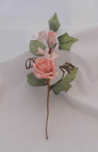 PAPER FLOWERS  ROSE SPRAY PEACH FROSTED IVY LEAVES 10" PARCHMENT 