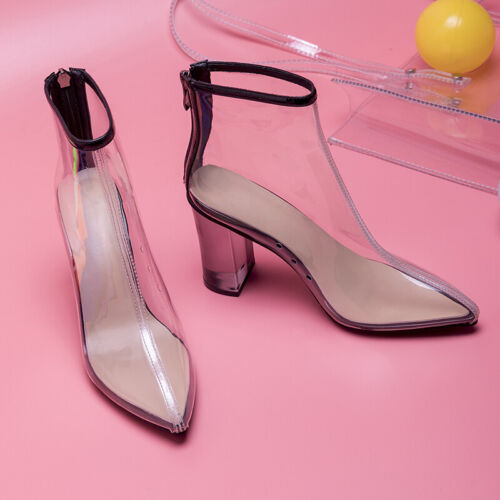 Fashion Transparent Women Ankle Boots Pointe Toe Heels Boots Shoes Plus Size 10