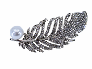Diamanté feather sliver brooch crystal Pearl memory jewellery present gift 