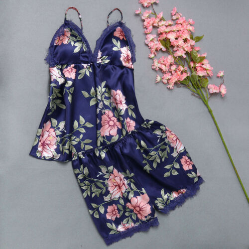 2PCS Women Silk Satin Lace Robe Shorts Sleepwear Babydoll Nightdress Pajamas Set 