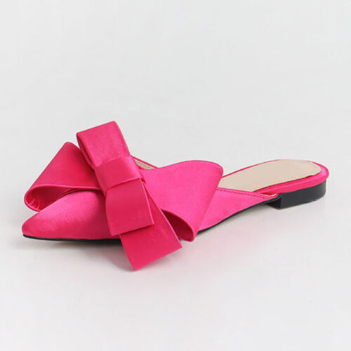New Women/'s Low Heel Bowknot Flats Loafe Mules Shoes Slippers Satin Pointed Toe