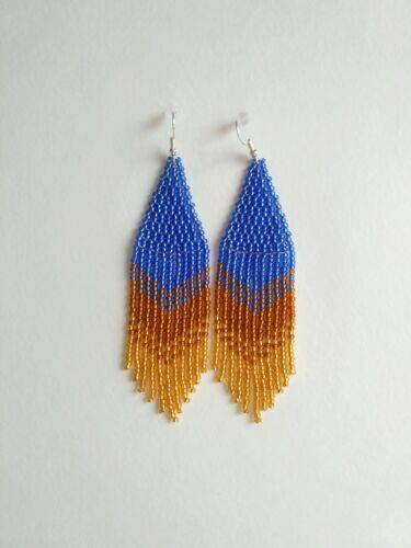 Blue gold Earrings Fringe Beaded Earrings Long Seed Bead earrings Fashion Boho