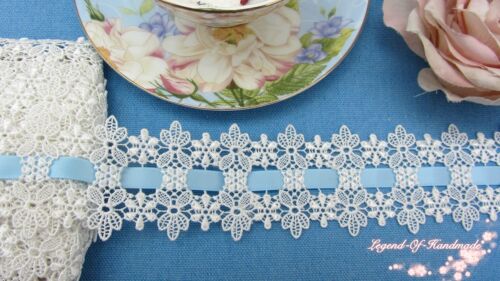 2Y Beading Insertion Venise Lace Trim w Blue Ribbon~Ivory/White~Wedding/Sewing~ 