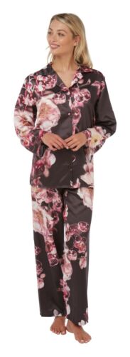 Details about  / Ladies Purple Floral Satin Pajama PJs Pyjamas Set Size 12 14 16 18