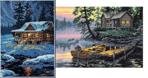 Lot of 2 Counted Cross Stitch Kits MOONLIT CABIN~MORNING LAKE Dimensions 