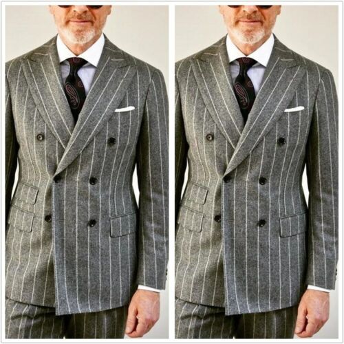 Gray Pinstripe Groom Mens Suits Double Breasted Business Formal Prom Tuxedos