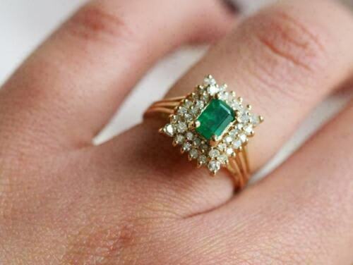 Vintage 1.50 Ct Emerald Diamond Cluster Engagement Ring 14K Yellow Gold Over 925 