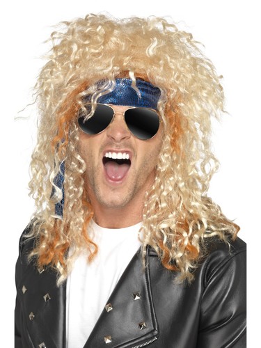 Heavy Metal Rocker Kit Mens Glasses Wig Bandana 1980s Fancy Dress Kit