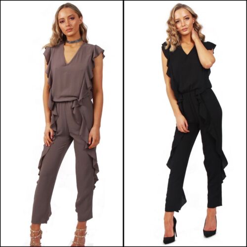 New Womens URBAN MIST Ruffle Detail Smart Casual Jumpsuit With Elasticated Waist