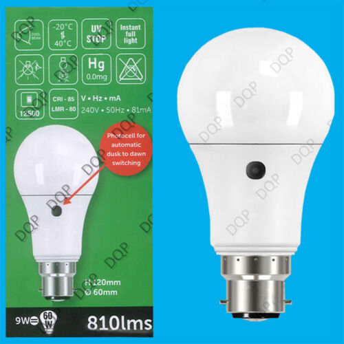 LED GLS Dusk Till Dawn Sensor Security Night Light Bulb =60W 9W BC B22 Lamp