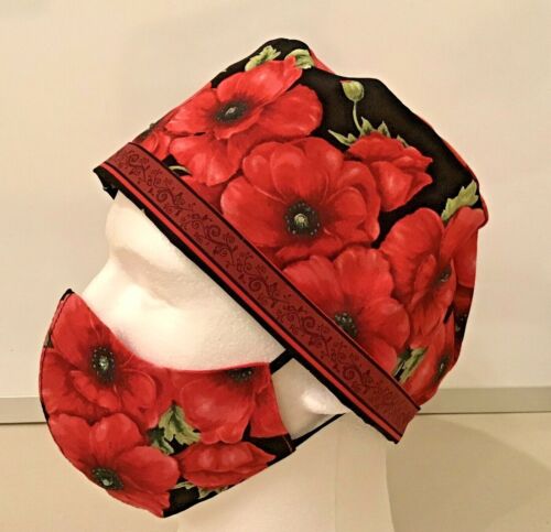 Details about  &nbsp;New Scrub Cap Hat With Matching Mask Doctors Nurses poppy flowers or sunflowers